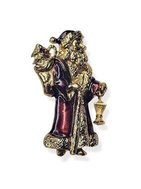Vintage Signed USA Santa Gold Tone Christmas Articulated Enamel Brooch
